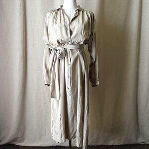 Vintage I. Magnin Silk Dress Italy Beige Oversized Tie Waist Size L